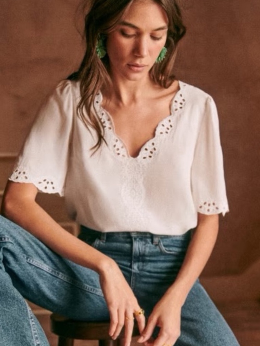 SEZANE FRANCIA BLOUSE ECRU Short  Sleeve Shirt V Neck NWT Size 4 Designer Top